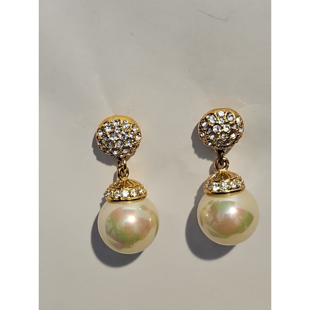 Roman Vintage Gold Tone Faux Pearl Crystal Rhinestone Drop Dangle Earrings
